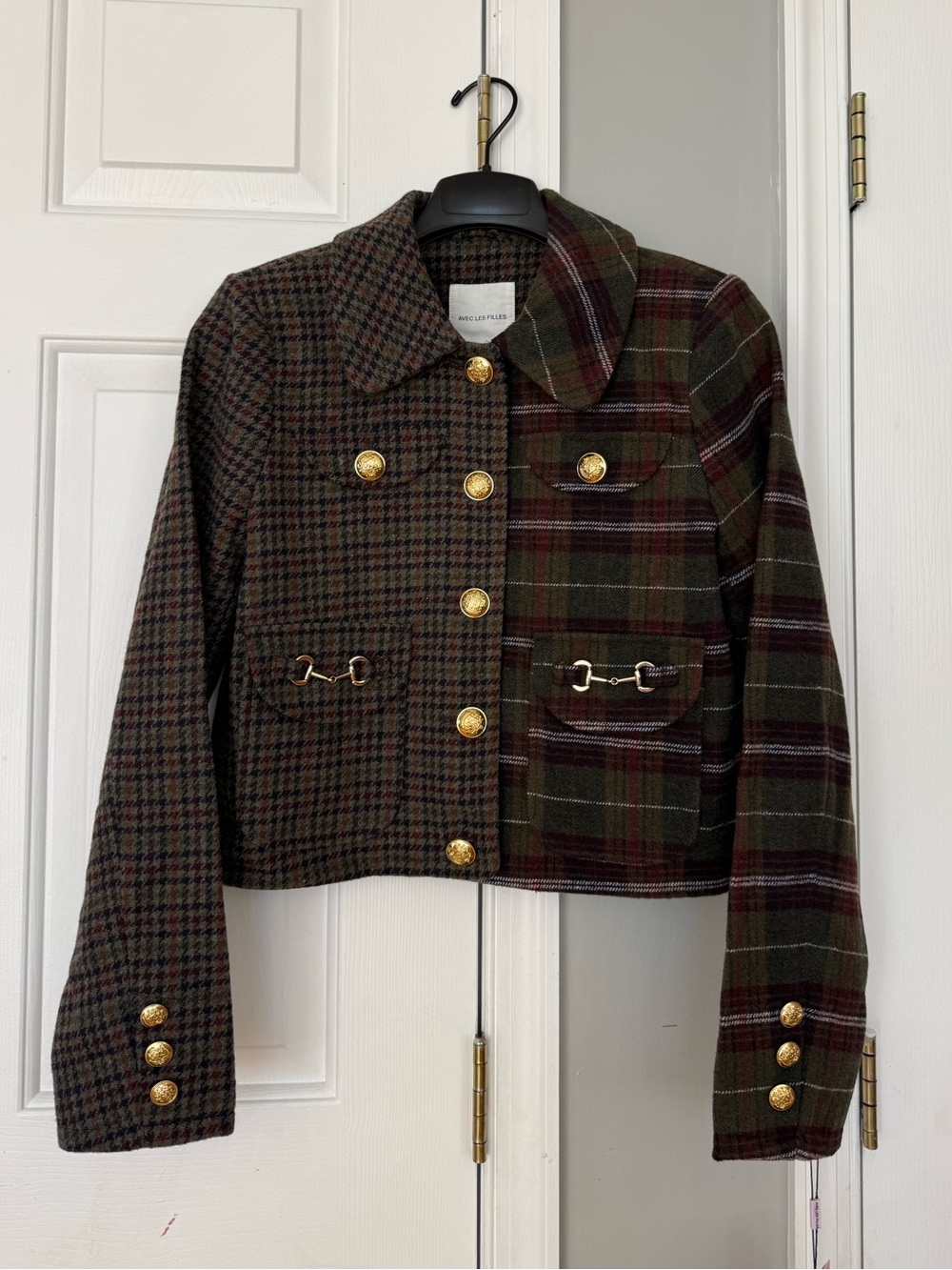 Avec Les Filles Mixed Plaid Blazer Plaid Cropped Jacket in Green & Brown Size